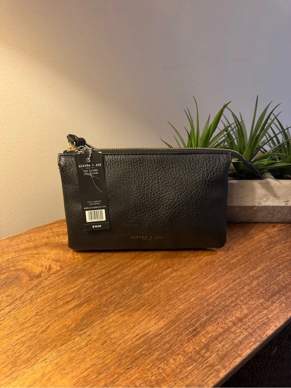 Olivia + Joy Black Pebbled Leather Wristlet Clutch - Picture 2 of 5